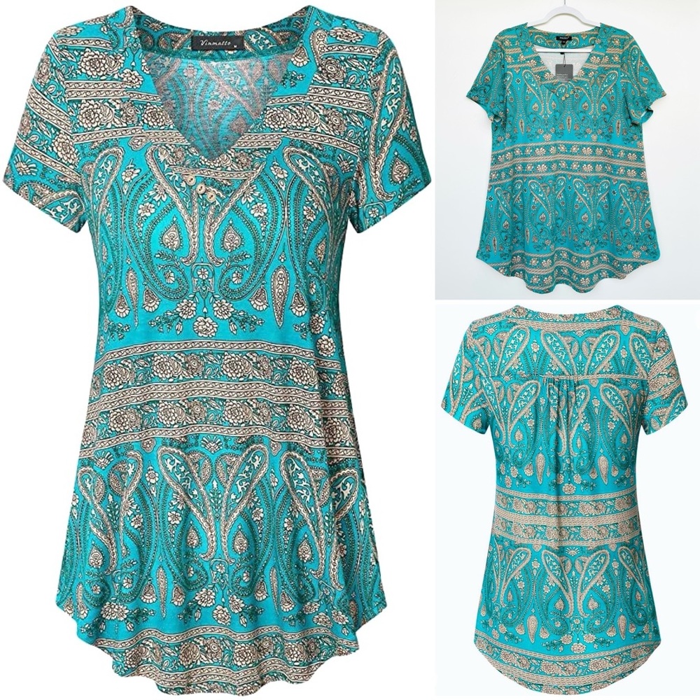 Folunsi Tunic Top V Neck with Buttons Embellished Hits at Hip Short Slee…